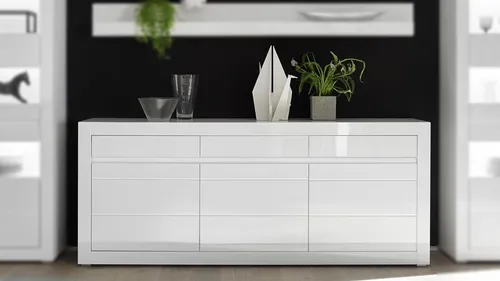 Sideboard Carat in Weiß Hochglanz und Beton Grau - Moderne Anrichte mit 217 cm Breite, ideal für Esszimmer und Wohnzimmer. Hochwertige Verarbeitung aus MDF/Spanplatte, bietet viel Stauraum und stilvolles Design.