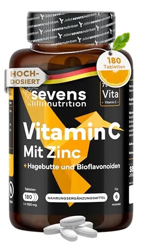 Vitamin C 1000 mg und Zink + Bioflavonoide und Hagebutte – 100% reine natürliche vegane Vitamin C – 180 Tabletten – Unterstützt das Immunsystem – Reduziert Müdigkeit und Ermüdung – Antioxidativ