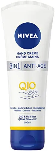 NIVEA 3in1 Anti-Age Q10 Hand Creme Vorteilsgröße - Handcreme für normale bis trockene Hände mit 3in1 Pflege: Anti-Falten, 24h Feuchtigkeit und UV-Schutz. Der Q10 Komplex hilft, erste Zeichen der Hautalterung sichtbar zu mildern.