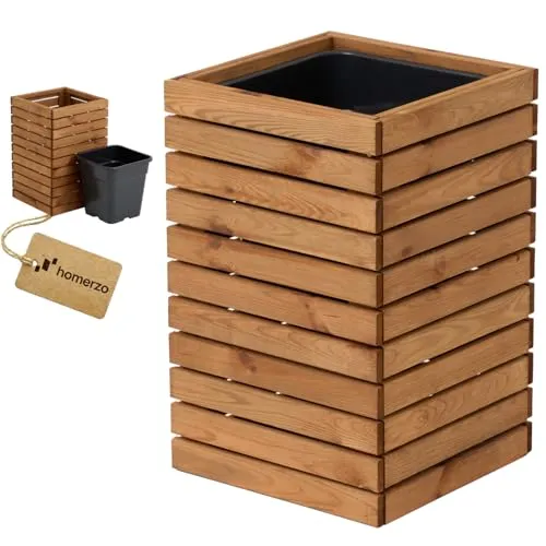 Blumenkasten aus Holz mit Kunststoff-Pflanzeneinsatz 18 l – eckig für Balkon und Terrasse – Braun