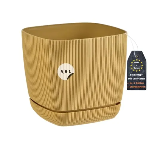Engelland - 1 x Blumentopf mit Drainagesystem, Untersetzer, Farbe: Ocker-Gelb, Rillenoptik, Pflanz-Topf, Kübel, modern, Kunststoff, quadratisch, 21 x 21 cm, 5,8 Liter