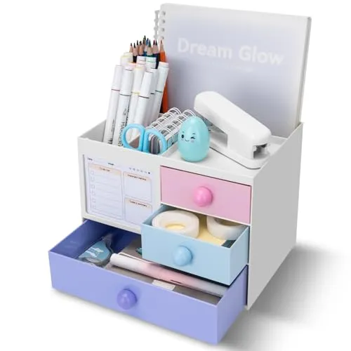 RISEMART Schreibtisch-Organizer mit 3 Schubladen, Schreibtisch-Ordner mit Stiftehalter, Großvolumige Desktop-Aufbewahrungsbox für Schul- und Büromaterialien (Rosa, Blau, Lila)