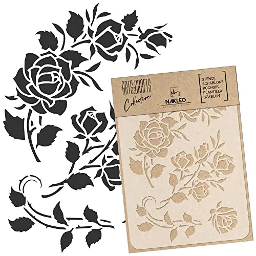 NAKLEO Malschablone für Handwerk A5 15x21cm, Rose Blume Natur Muster, Wiederverwendbare Kunststoff DIY & Scrapbooking Zeichenschablone, Decoupage Kunst Vorlage, Wand Stoff Möbel Holz