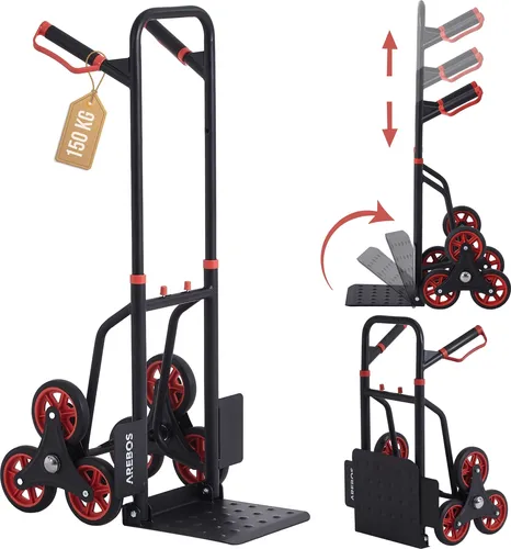 Arebos Treppensackkarre 150kg - Höhenverstellbar & Ergonomisch - Sackkarren für bis zu 150 kg, höhenverstellbar von 74-109 cm, mit ergonomischen Griffen und integriertem Fußpedal für komfortables Treppensteigen.