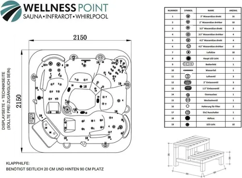PureHaven Whirlpool Torina Brown 215x215 für 5 Personen - Luxuriöser Outdoor-Whirlpool für 5 Personen mit 53 Massagedüsen, 2 Liegeflächen und modernster Elektronik. Entspannen Sie im eigenen Garten mit therapeutischen Massagen und energieeffizienter Isolierung.