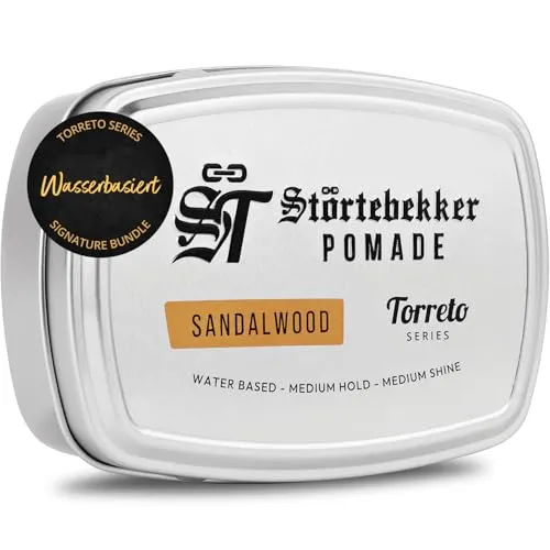 Störtebekker® Premium Pomade Wasserbasiert Sandelholz - Herren Haarstyling - Styling-Pomade mit professionellem Halt und edlem Glanz, entwickelt von Barbieren in Deutschland. Wasserbasiert für einfaches Auswaschen und geeignet für alle Haartypen.