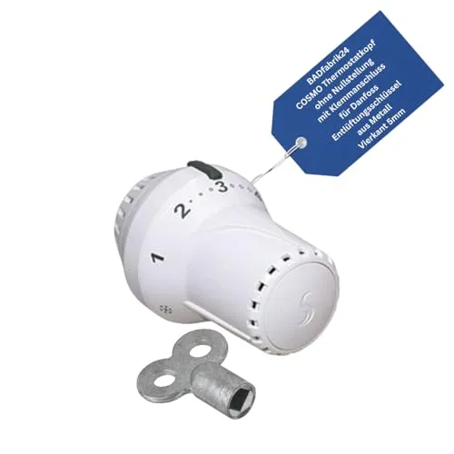 BADfabrik24 Thermostatkopf ohne Nullstellung mit Klemmanschluss für Danfoss + Entlüftungsschlüssel aus Metall 5 mm Vierkant – 1 Stück | Heizkörper Thermostat Set