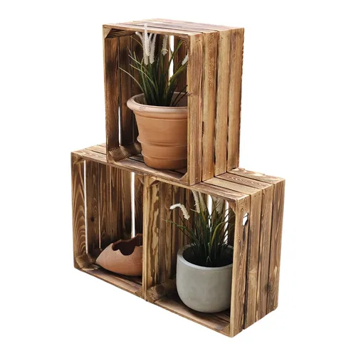 Holzkisten Dekokisten 3er Set - Neu Geflammt 50 x 40 x 30 cm - Praktische und stilvolle Holzboxen im Vintage-Look, ideal zur Aufbewahrung von Obst oder Weinflaschen. Robuste Qualität aus Deutschland, ideal für den täglichen Einsatz.