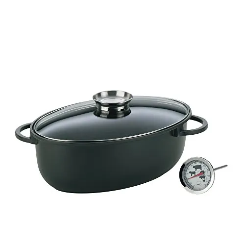 kela Bräter mit Deckel mit Aromaknopf 8 Liter KERROS mit Bratenthermometer, Induktion Bräter oval, Aluguss beschichtet, Schmortopf backofengeeignet