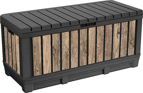 Keter Gartenbox Kentwood - 350 Liter in Holzoptik - Praktische Keter Gartenbox Kentwood mit 350 Litern für die Aufbewahrung im Außenbereich. Witterungsbeständig, UV-resistent und als Sitzgelegenheit nutzbar – ideal für Ordnung im Garten!