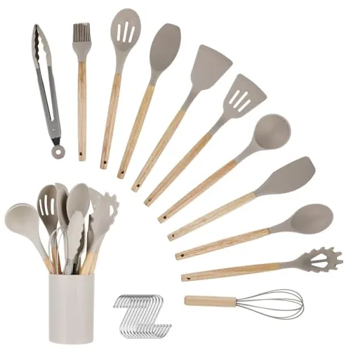 Küchenhelfer Set - 12-teiliges Silikon Küchenutensilien Set mit Besteckbox - Holzgriff-Küchenhelfer, hitzebeständig, antihaftbeschichtet & spülmaschinenfest - Küchenhelfer (Khaki)