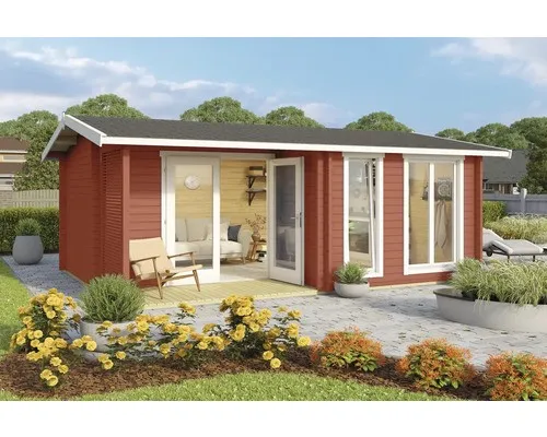 Gartenhaus Blockhaus Satteldach 44 mm Brighton 44 rot - Gartenhaus aus 44 mm starken Blockbohlen, ideal für Gartenfreunde. Mit abschließbarer Doppeltür und Terrasse bietet es 18.5 m² Nutzfläche und 43 m³ Raumvolumen.
