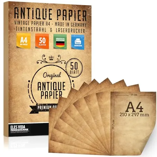 Stück Altes Papier 100g - Basteln DIY Briefpapier A4 Antik beidseitig bedruckt Ideal für Kommunion, Für Landkarte, Kinder Schatzsuche, Historische Einladungen - Antique Tagebuch Skizzieren 50