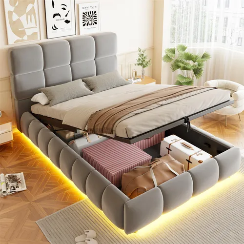 okwish Polsterbett 90×200 mit LED-Lichtleiste und Stauraum