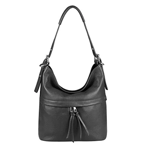 OBC Made in Italy Damen echt Leder Tasche Handtasche Umhängetasche Ledertasche Schultertasche Beuteltasche Umhängetasche Cross-Over (Schwarz 30x27x14 cm)