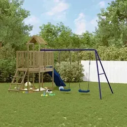 vidaXL Spielturm mit Rutsche und Schaukel - Schaukeln und Klettern für Kinder im eigenen Garten! Robuste Konstruktion aus imprägniertem Kiefernholz mit Holzdach, Wellenrutsche und Sandkasten für unvergessliche Abenteuer.