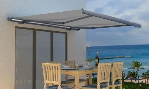 Primaster Kassetten-Markise elektrisch 500 cm - Kassettenmarkise in elegantem Grau, bietet optimalen Sonnenschutz mit einem Ausfall von 300 cm und elektrischer Bedienung für höchsten Komfort.