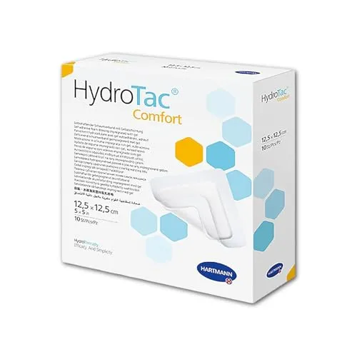 HARTMANN HydroTac Comfort Schaumstoffverband 12.5cm x 12.5cm, 10 Stück - Pflaster mit hypoallergenem Kleberand für sichere Fixierung, ideal zur Wundbehandlung von exsudierenden Wunden und zur Versorgung von Verbrennungen bis Grad 2a.