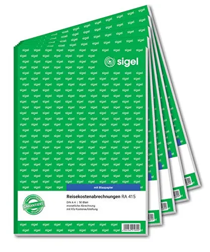 SIGEL RA415/5 Reisekostenabrechnung, A4, 5er Pack - Personalformulare für die monatliche Reisekostenabrechnung im A4-Format. Mit Kfz-Kostenaufstellung und ultra-feiner Microperforation für leichtes Abtrennen.