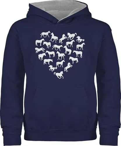 Shirtracer Pullover Kinder Hoodie Jungen Mädchen - Pferd Pferde - Pferdeherz - 152 (12/13 Jahre) - Navy Blau/Grau meliert - Geschenk Reiter pferdepulli reiten pferdemotiven Pulli pferdepullies