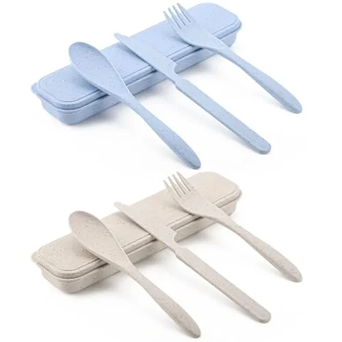 Paar Besteck Set Tragbare Reisebesteck mit Etui Outdoor Besteck aus Kunststoff Unterwegs Feldbesteck Löffel Messer Gabel Picknick Besteck Wiederverwendbares Campingbesteck für Picknick Outdoor 2
