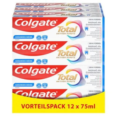 Colgate Zahnpasta Total Plus Gesundes Weiß 12x75ml - überlegener Schutz für Zähne, Zungen, Wangen & Zahnfleisch