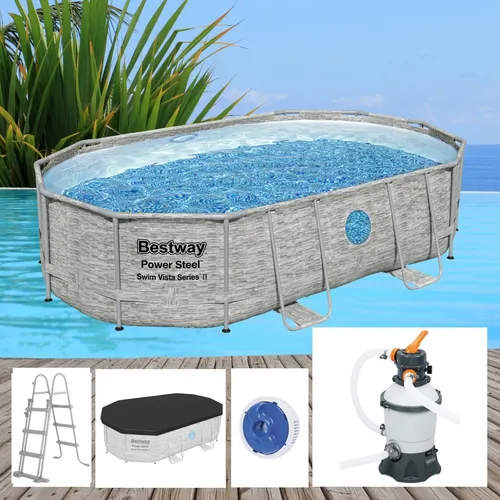 Bestway Power Steel 488x305x107 cm Pool mit Sandfilteranlage - Ovaler Frame-Pool mit 10.949 Litern Fassungsvermögen, aus strapazierfähigem TriTech™-Material und einfacher Montage, ideal für den Sommer-Spaß im Garten.