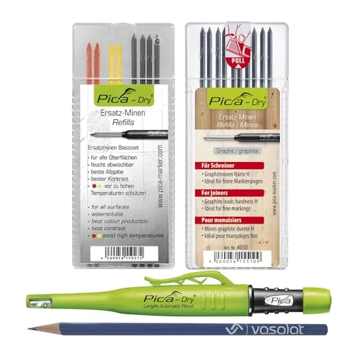 PICA DRY-Sets 1.1 mit vasalat Graphitstift - Marker + Minen 3-färbig - Sonstige Schreibgeräte, ideal für präzise Markierungen auf schwierigen Oberflächen dank integriertem Spitzer und automatischem Minenvorschub.