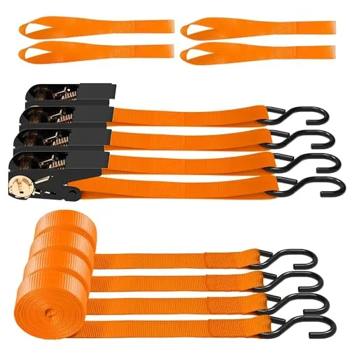 AWELCRAFT 4X Ratsche Spanngurte 680kg 4,5m Orange mit S-Haken +Schlaufen | 4x orange Ratsche Spanngurte 680kg, 4,5m. S-Haken & weiche Schlaufen, verzinkter Stahl, wetterfest. Für Motorrad, ATV, Boot