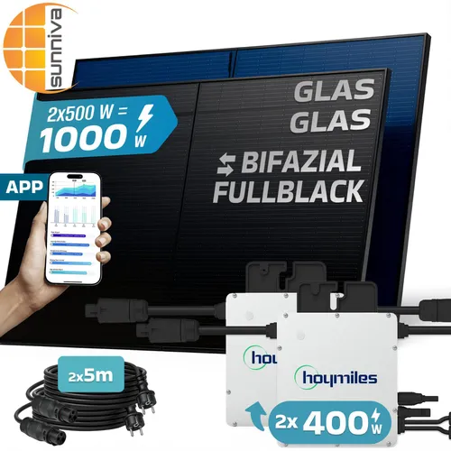 SUNNIVA Balkonkraftwerk 1000W BIFAZIAL FULLBLACK - Balkonkraftwerk: Effiziente Solaranlage mit 1000W Leistung, ideal für Balkon oder Terrasse, inklusive 2x 400W Wechselrichter und bifazialen Modulen für maximale Energieausbeute.