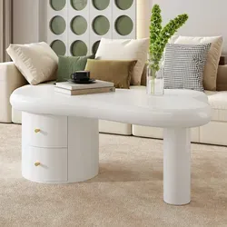 Tisch Couchtisch Aus Mdf Weiß 97 Cm Mit 2 Schubladen, Unregelmäßige Form