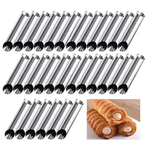 Cannoli Formen, MKNZOME 30 Stück Schillerlockenform Edelstahl Croissant Form Schaumrollenform Spirale Horn Tubes Hörnchen Backform Schaumrollen set für Sahnehorn Croissant Backform