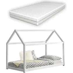 Kinderbett mit orthopädischer Matratze 80x160 cm - Hausbett aus Kiefernholz in Weiß - Kinderbetten: Stabil und im Haus-Design, bietet dieses Bett aus Kiefernholz einen angenehmen Schlafplatz mit einer orthopädischen Matratze für optimale Unterstützung und gesunden Schlaf.