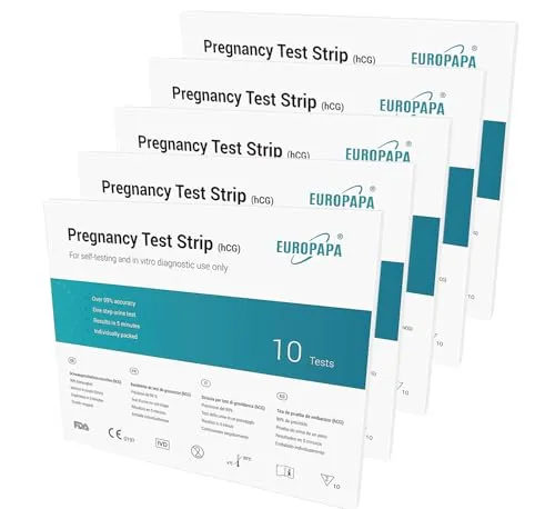 EUROPAPA® Schwangerschaftstest 50 Stück - Ultraempfindlicher Frühtest - Mit 25 mIU/ml Empfindlichkeit liefert dieser Schwangerschaftstest in 1-5 Minuten präzise Ergebnisse. Jeder Test ist einzeln verpackt und einfach in der Anwendung – ideal für eine zuverlässige Durchführung zu Hause.
