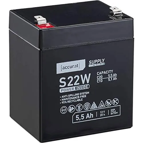 Accurat AGM Batterie S22w - 12V, 5,5Ah, zyklenfest, wartungsfrei - VRLA Versorgungsbatterie, Blei Akku, Solarbatterie, Bootsbatterie für Wohnmobil, Wohnwagen, Camper, Bootsbatterie