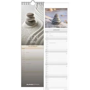 Alpha Streifenkalender 160584, Mini Zen, Jahr 2026, 1 Monat auf 1 Seite, 9,5 x 33 cm