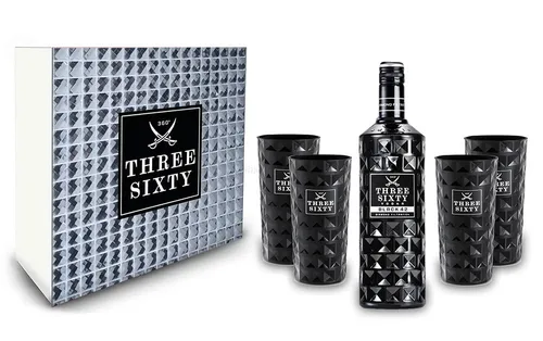 Three Sixty Set / Geschenkset - Three Sixty Black Vodka 1L (42% Vol) + 4x Black