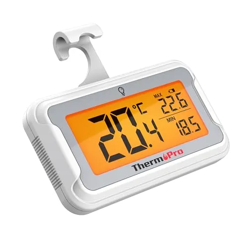 ThermoPro Kühlschrankthermometer Digital - Digitales Laborthermometer mit großem LCD-Display und Hintergrundbeleuchtung für einfache Lesbarkeit, präzise Messung von -20 °C bis 50 °C, ideal für Kühlschränke und Gefrierschränke.
