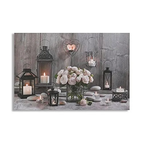 Art for the Home LED-Leinwandbild Cosy Candles, 90x60 cm - Romantisches LED-Leinwandbild mit elegantem Kerzen- und Rosenmotiv. Bringt Wärme und Gemütlichkeit in jeden Raum. Perfekte Größe für stilvolle Akzente!