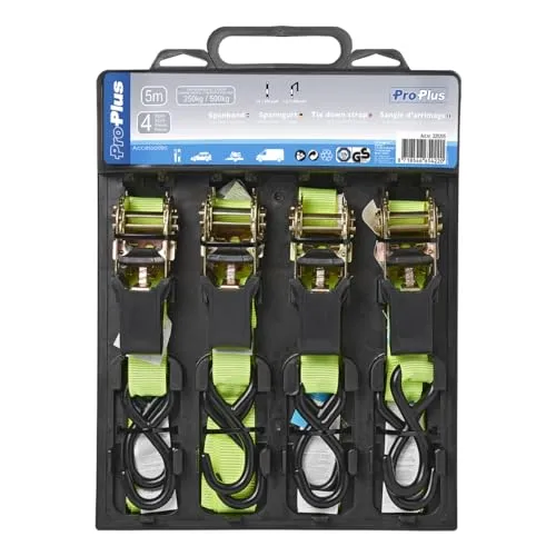 4-teiliges Spanngurt-Set 5m – Pro-Plus Zurrgurtset für Anhänger - Spanngurte & Zurrösen, robust und belastbar bis 250daN, ideal für sicheres Transportieren von Motorrädern und anderen Lasten.