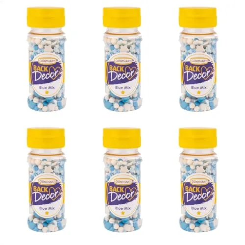 Günthart BackDecor 6 Stück a 60 gr Streudekor Blue Mix Dosein den Farben Blau, Weiß und Silber als essbare Deko-Streuartikel, 1er Set 6 Stück (360 gr)