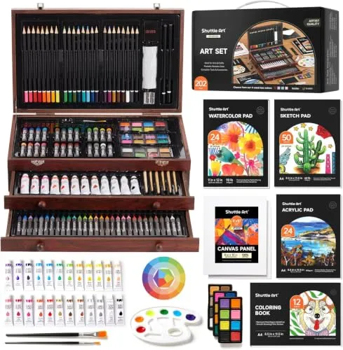 Shuttle Art 202 teiliges Malset, Kirsche Deluxe Malkoffer mit Acrylfarben, Buntstift, Ölpastellkreide, Aquarellfarben, Wachsmalstifte, Malbuch, Künstlerkoffer, Malset für Kinder und Erwachsene