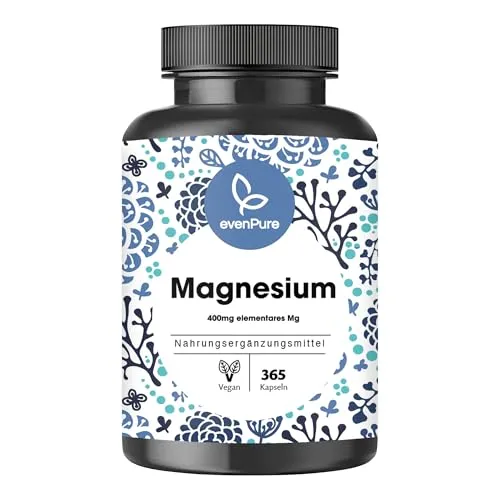 evenPure® Magnesium – 365 Kapseln (Jahresvorrat) – 400mg elementares Magnesium pro Kapsel – hochdosiert, vegan – in Deutschland hergestellt und laborgeprüft.
