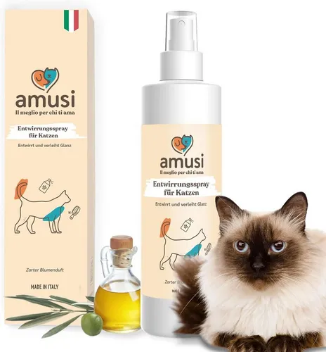 Amusi Fellpflege Katzen Haar Entwirrungsspray - 100% Natürlich und Vegan, 250 ml, (Entwirrt und löst Katzenknoten - Macht das Fell weich und glänzend), Kein Ausspülen erforderlich und duftet. Für alle Fellarten