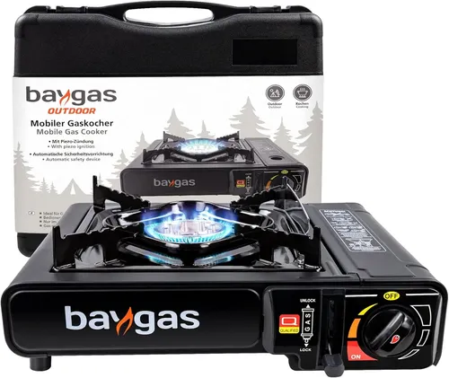 Baygas Gaskocher 57047000, 1-flammig mit Piezozündung - Gaskocher für Gaskartusche, inkl. Transportkoffer für einfachen Transport. Mit automatischer Piezozündung und Windschutz, ideal für Camping und Festivals.