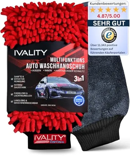 Ivality® Premium 3 in1 Auto Waschhandschuh – Mikrofaser Handschuh Lackschonend & Saugstark - Kratzfrei Schwamm Kfz Mit Gummibund Für Auto Waschen , Felgenreiniger & Insekten entferner