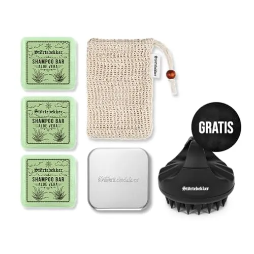 Störtebekker® Premium Duschset - Festes Shampoo Aloe Vera (x3) mit GRATIS Scalp Brush - Entdecken Sie unser handgefertigtes festes Shampoo für eine sanfte Reinigung und Pflege. Ideal für Reisen, in der praktischen Seifendose. Genießen Sie natürliche Düfte und eine leichte Kämmbarkeit für Ihr Haar.