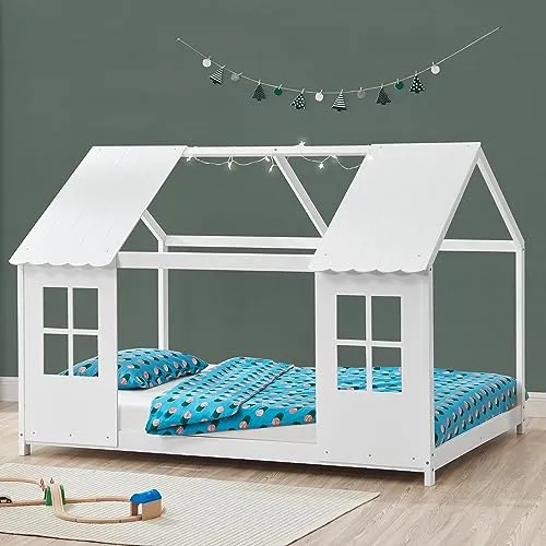 [en.casa] Kinderbett Tostedt - Magisches Hausbett aus Kiefer - Betten | Halboffenes Design für kreative Abenteuer und eine gemütliche Atmosphäre, ideal für ein einladendes Kinderzimmer.
