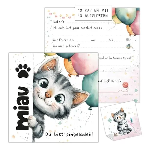 TOBJA XXL Einladungskarten Kindergeburtstag Katze | 10er Set quadratisch 14,8 x 14,8 cm | inklusive 10 Sticker 5x5 cm + Klebepunkte | süßes Aquarell Design (Miau)