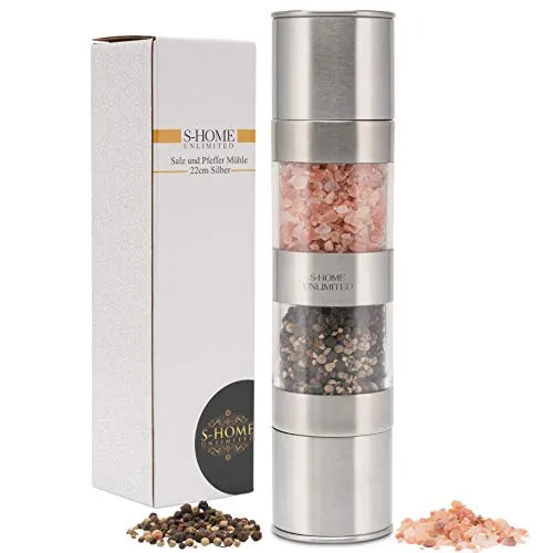 S-Home Unlimited Salz- und Pfeffermühle 2in1 aus Edelstahl | Manuelle Gewürzmühle mit Keramikmahlwerk & einstellbarem Mahlgrad